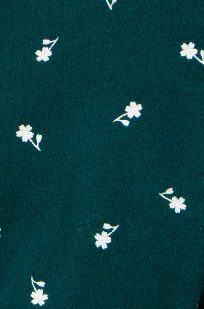 Yumi Women's Green Daisy Embroidered Relaxed Crew Neck Knit Jumper