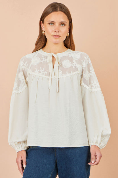 Yumi Women's Ivory Floral Lace Panel Tie Neck Viscose Blouse Sizes S–XL