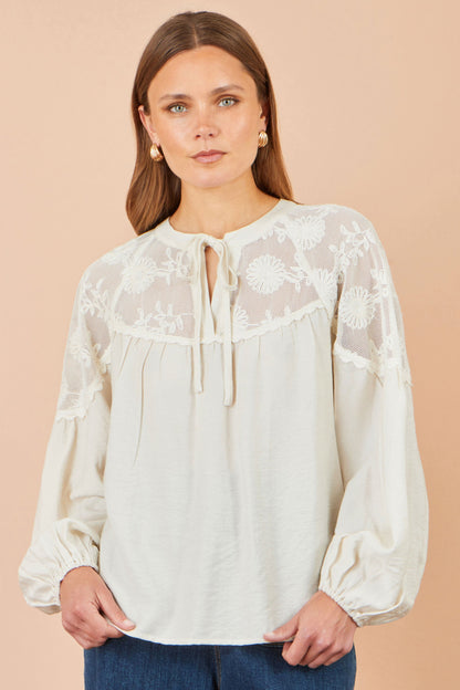 Yumi Women's Ivory Floral Lace Panel Tie Neck Viscose Blouse Sizes S–XL