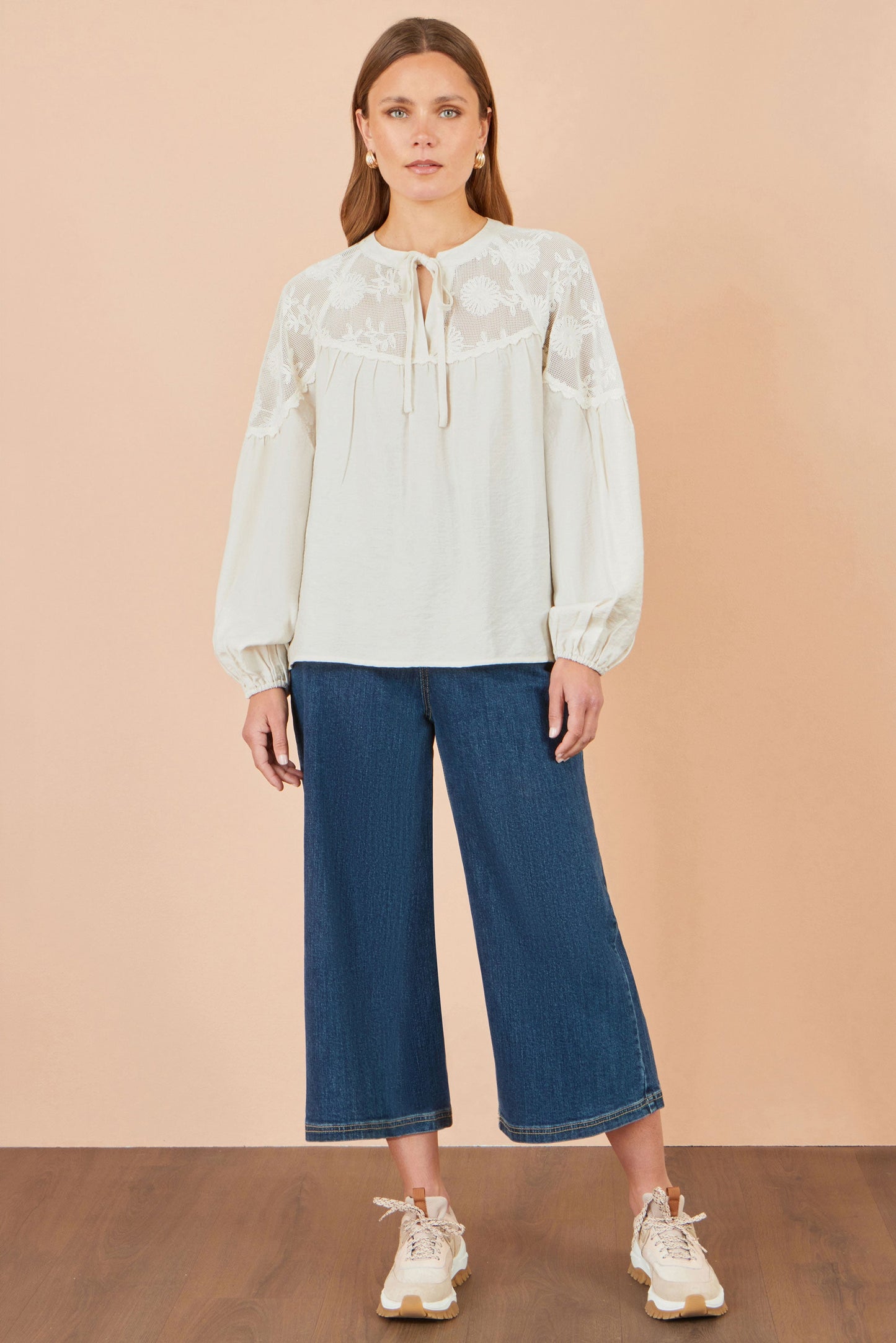 Yumi Women's Ivory Floral Lace Panel Tie Neck Viscose Blouse Sizes S–XL