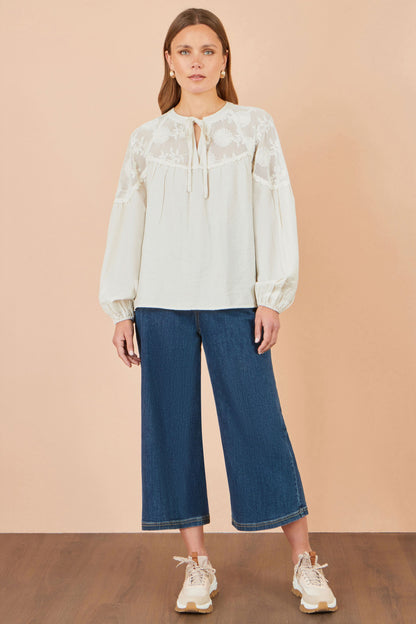 Yumi Women's Ivory Floral Lace Panel Tie Neck Viscose Blouse Sizes S–XL