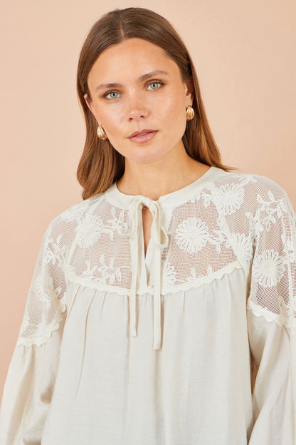 Yumi Women's Ivory Floral Lace Panel Tie Neck Viscose Blouse Sizes S–XL