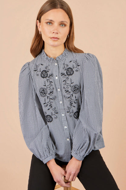 Yumi Women's Black Gingham Cotton Embroidered Frill Neck Shirt