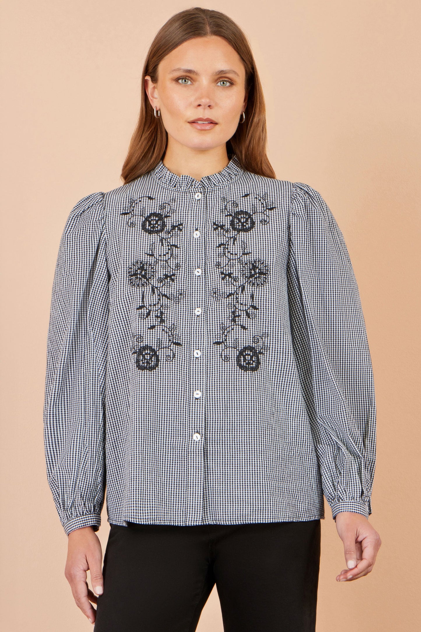 Yumi Women's Black Gingham Cotton Embroidered Frill Neck Shirt