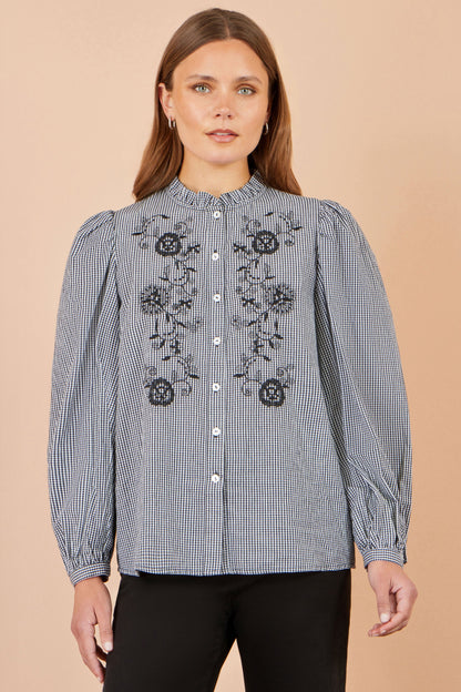 Yumi Women's Black Gingham Cotton Embroidered Frill Neck Shirt