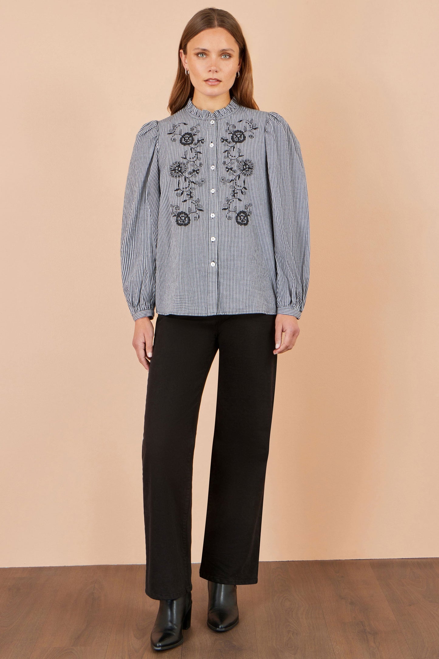 Yumi Women's Black Gingham Cotton Embroidered Frill Neck Shirt
