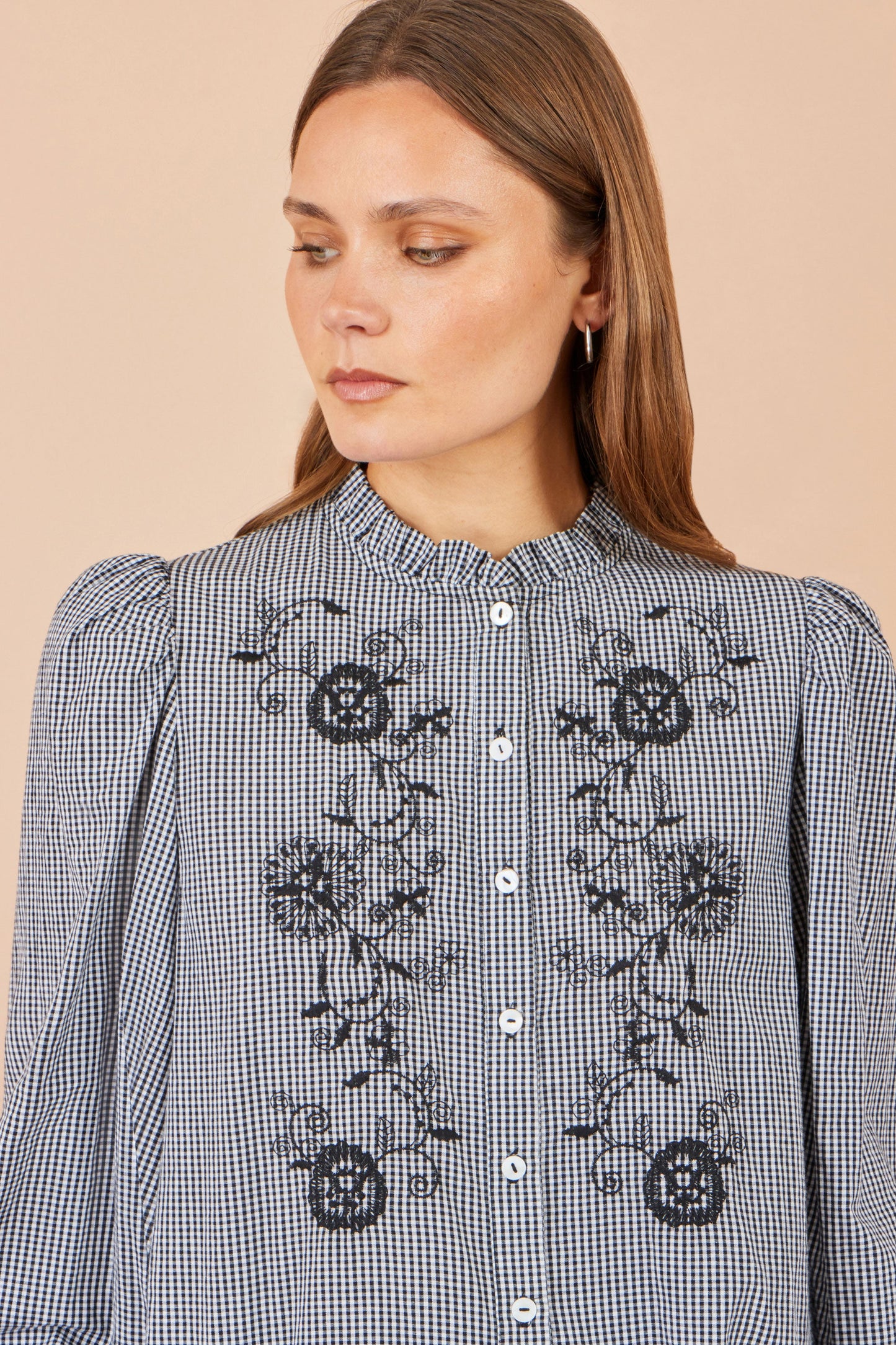 Yumi Women's Black Gingham Cotton Embroidered Frill Neck Shirt