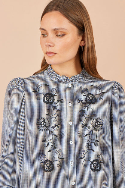 Yumi Women's Black Gingham Cotton Embroidered Frill Neck Shirt