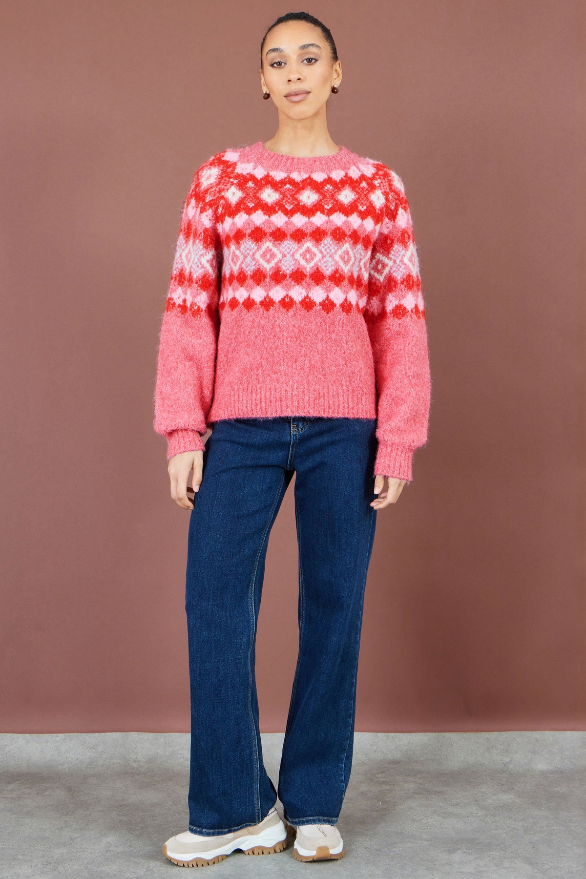 Yumi Women's Red Fair Isle Wool Blend Jumper with Fluffy Knit, Crew Neck