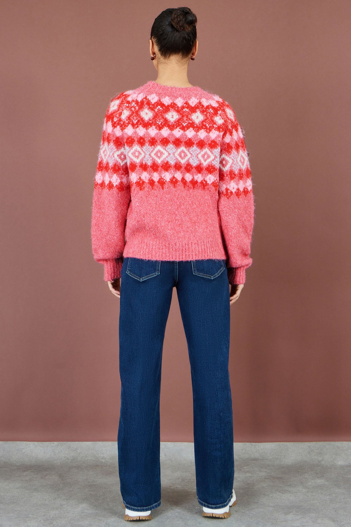 Yumi Women's Red Fair Isle Wool Blend Jumper with Fluffy Knit, Crew Neck