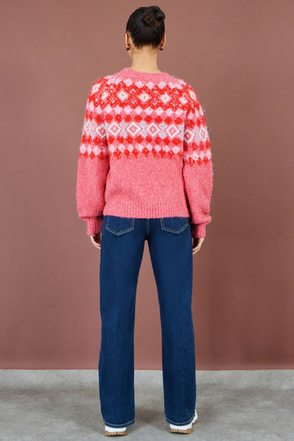 Yumi Women's Red Fair Isle Wool Blend Jumper with Fluffy Knit, Crew Neck