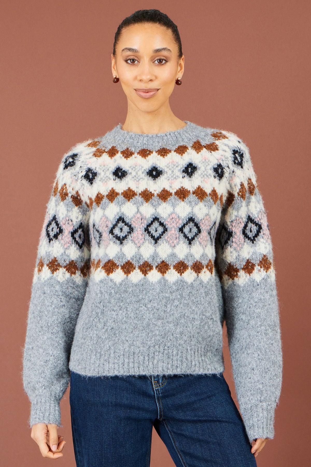 Yumi Women's Grey Fair Isle Wool Blend Jumper with Fluffy Knit, Crew Neck