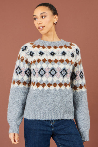 Yumi Women's Grey Fair Isle Wool Blend Jumper with Fluffy Knit, Crew Neck