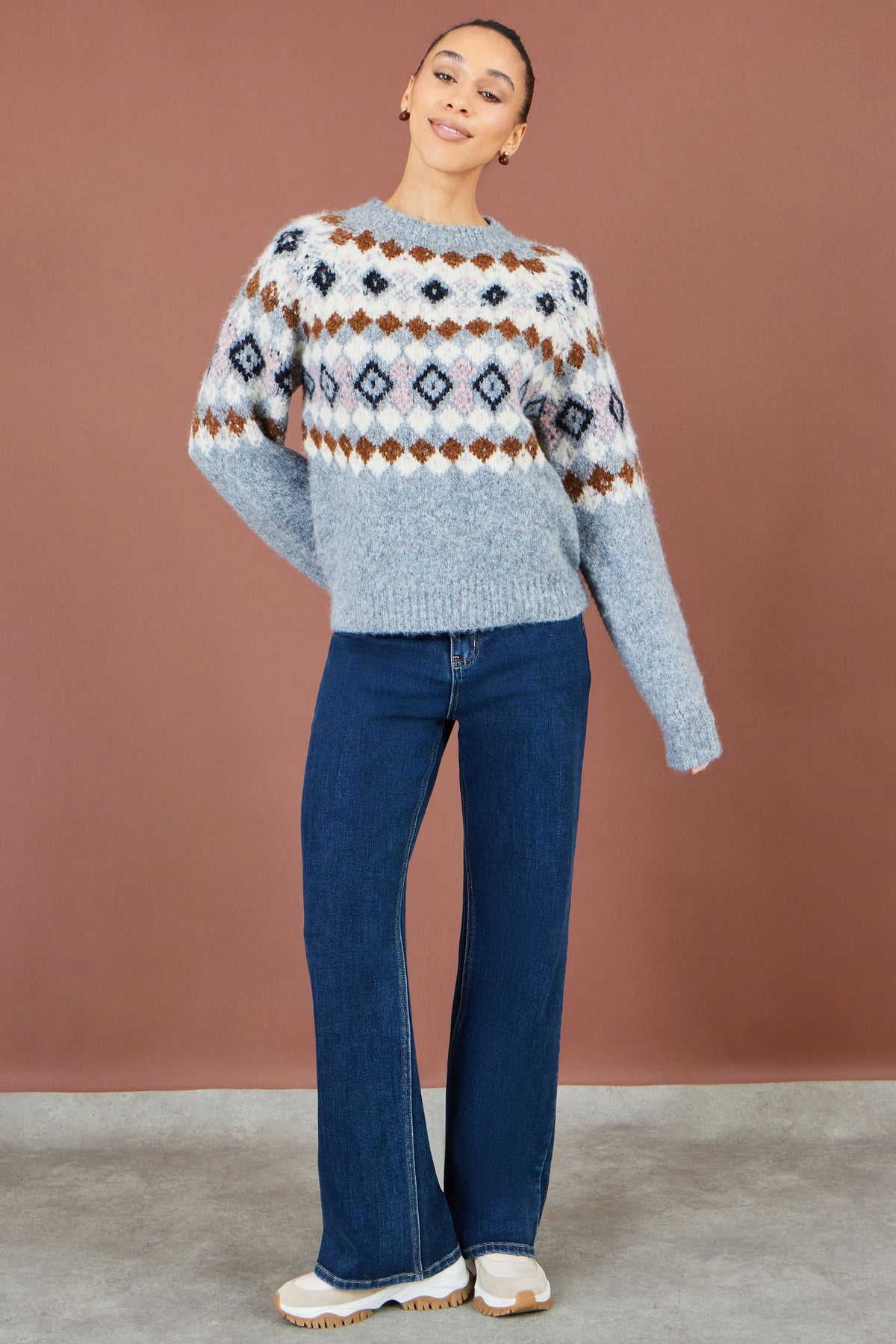 Yumi Women's Grey Fair Isle Wool Blend Jumper with Fluffy Knit, Crew Neck