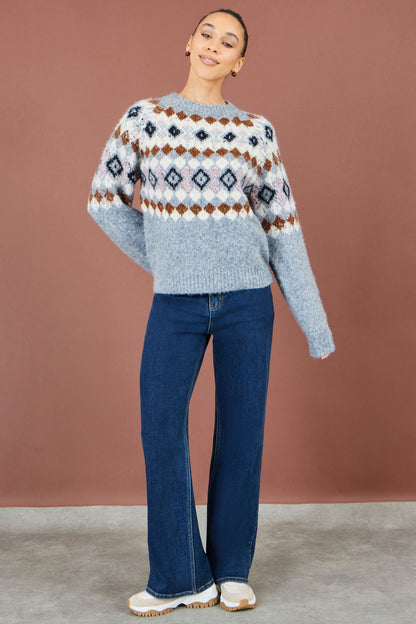 Yumi Women's Grey Fair Isle Wool Blend Jumper with Fluffy Knit, Crew Neck