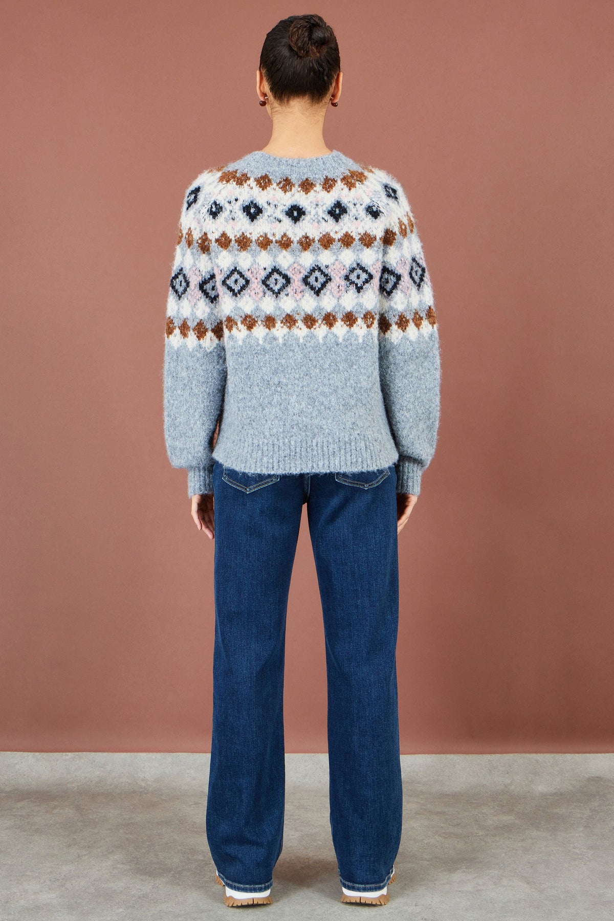 Yumi Women's Grey Fair Isle Wool Blend Jumper with Fluffy Knit, Crew Neck