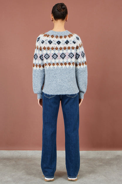 Yumi Women's Grey Fair Isle Wool Blend Jumper with Fluffy Knit, Crew Neck