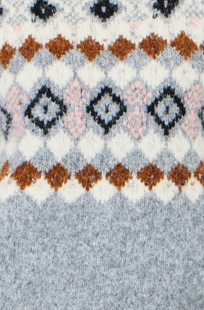Yumi Women's Grey Fair Isle Wool Blend Jumper with Fluffy Knit, Crew Neck