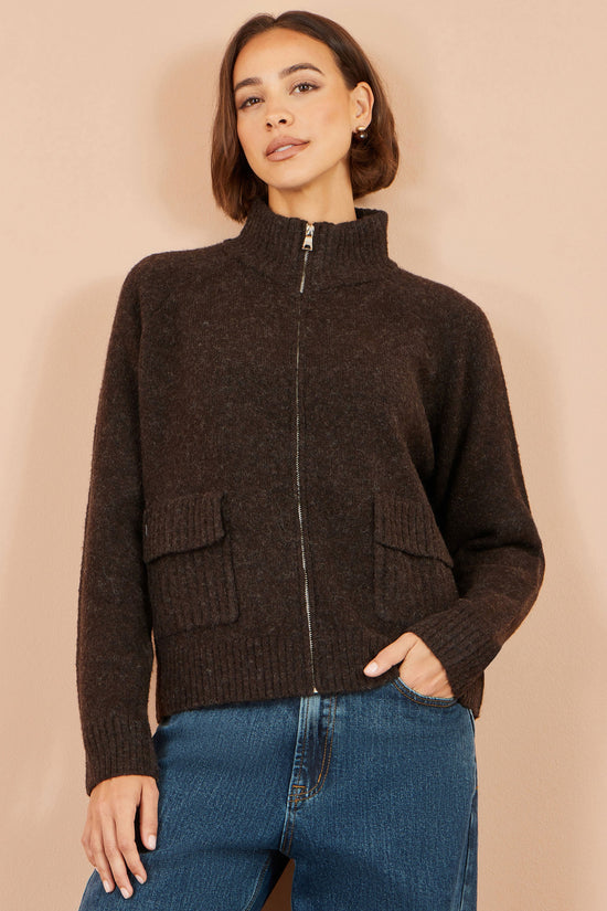 Yumi Women's Brown Fluffy Zip-Up Cardigan with High Collar and Pockets