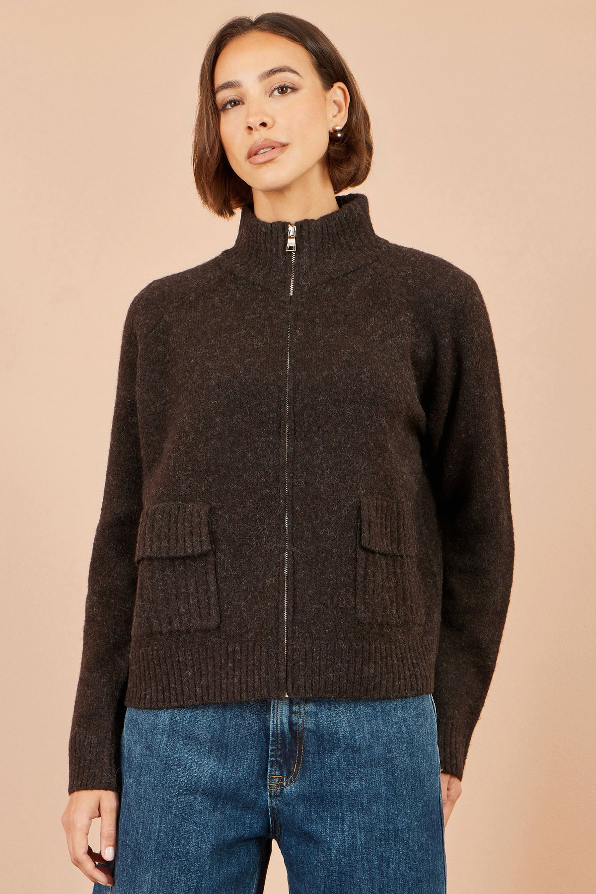 Yumi Women's Brown Fluffy Zip-Up Cardigan with High Collar and Pockets