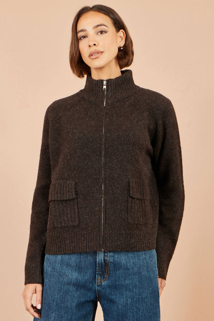Yumi Women's Brown Fluffy Zip-Up Cardigan with High Collar and Pockets