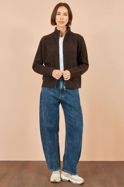 Yumi Women's Brown Fluffy Zip-Up Cardigan with High Collar and Pockets