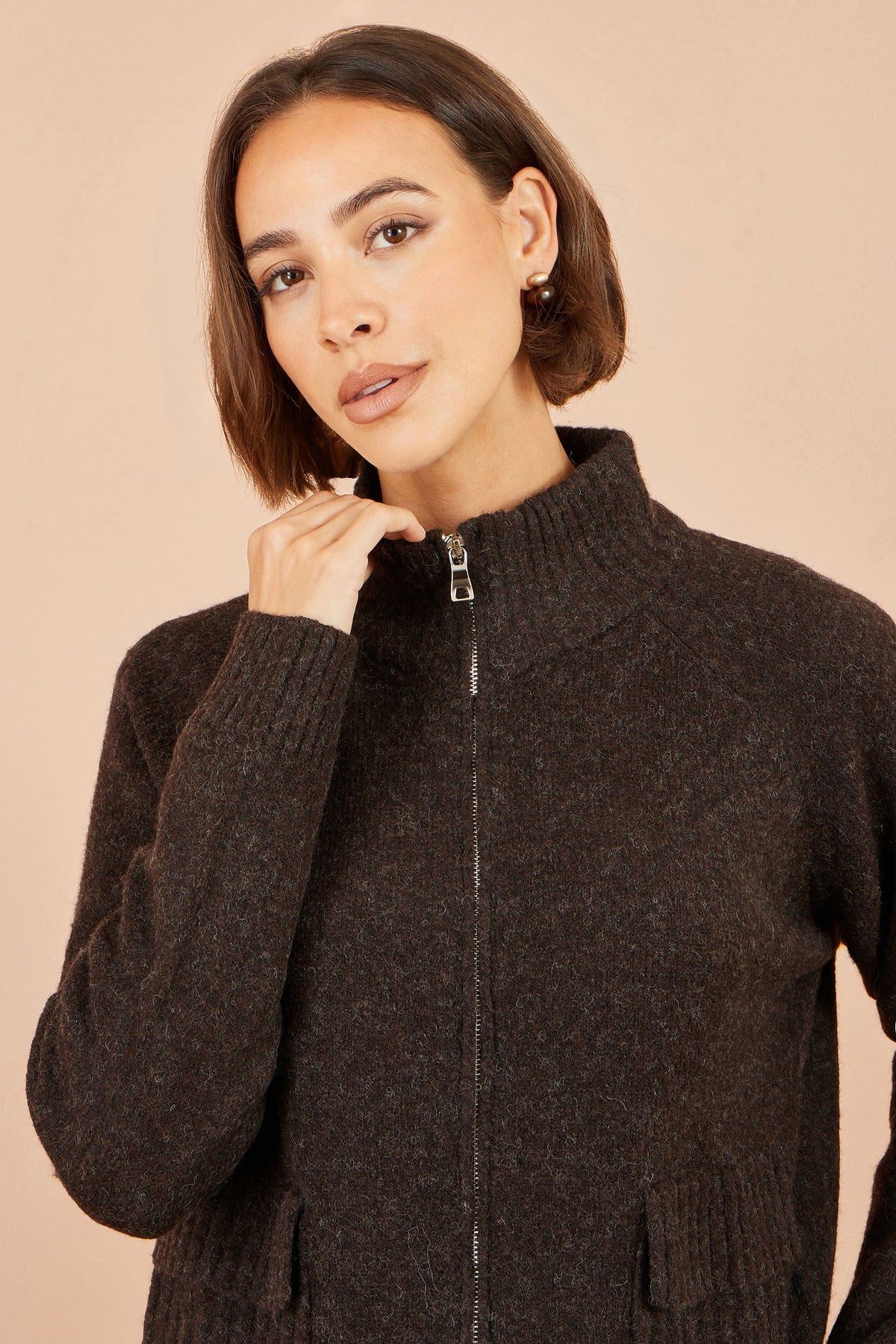Yumi Women's Brown Fluffy Zip-Up Cardigan with High Collar and Pockets