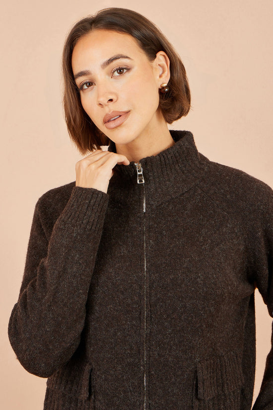 Yumi Women's Brown Fluffy Zip-Up Cardigan with High Collar and Pockets