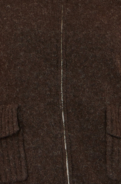 Yumi Women's Brown Fluffy Zip-Up Cardigan with High Collar and Pockets
