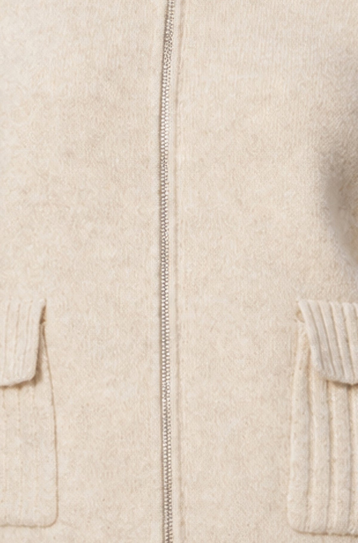 Yumi Women's Oatmeal Zip Up Cardigan with High Ribbed Collar and Pockets