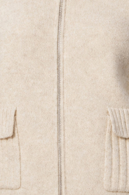 Yumi Women's Oatmeal Zip Up Cardigan with High Ribbed Collar and Pockets
