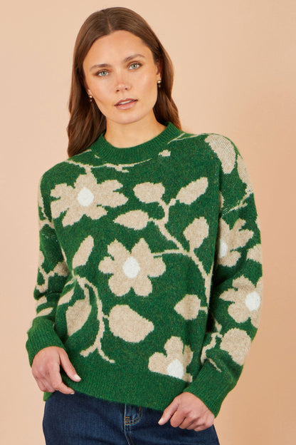 Yumi Women’s Green Floral Intarsia Relaxed Fit Crew Neck Soft Knit Jumper