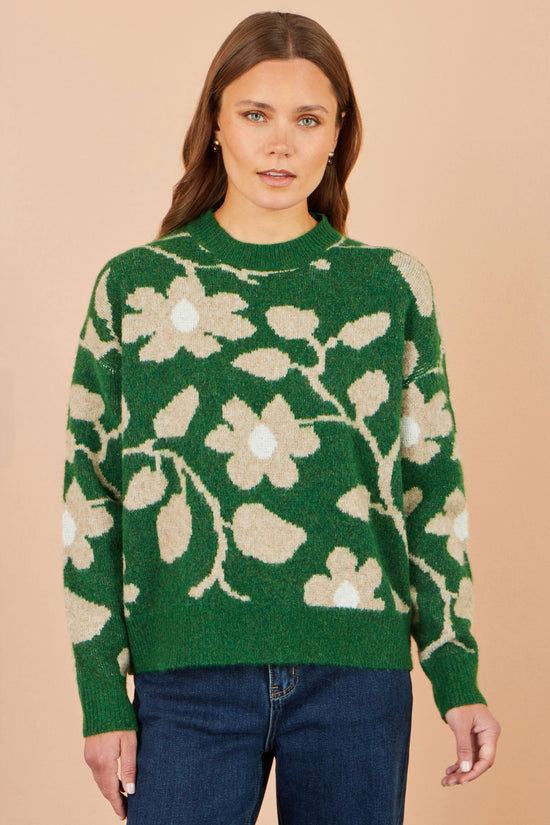 Yumi Women’s Green Floral Intarsia Relaxed Fit Crew Neck Soft Knit Jumper