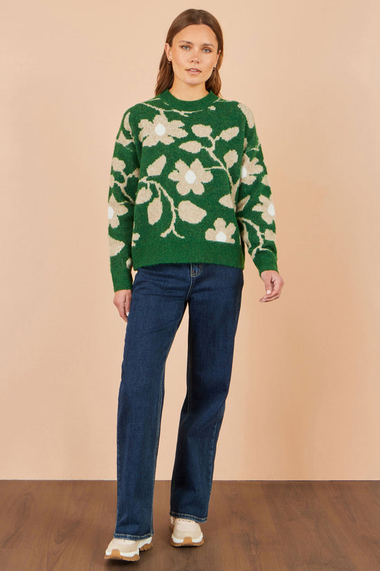 Yumi Women’s Green Floral Intarsia Relaxed Fit Crew Neck Soft Knit Jumper