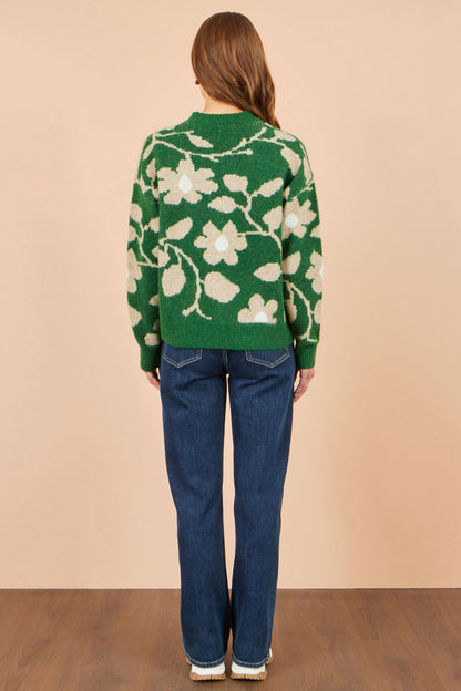 Yumi Women’s Green Floral Intarsia Relaxed Fit Crew Neck Soft Knit Jumper