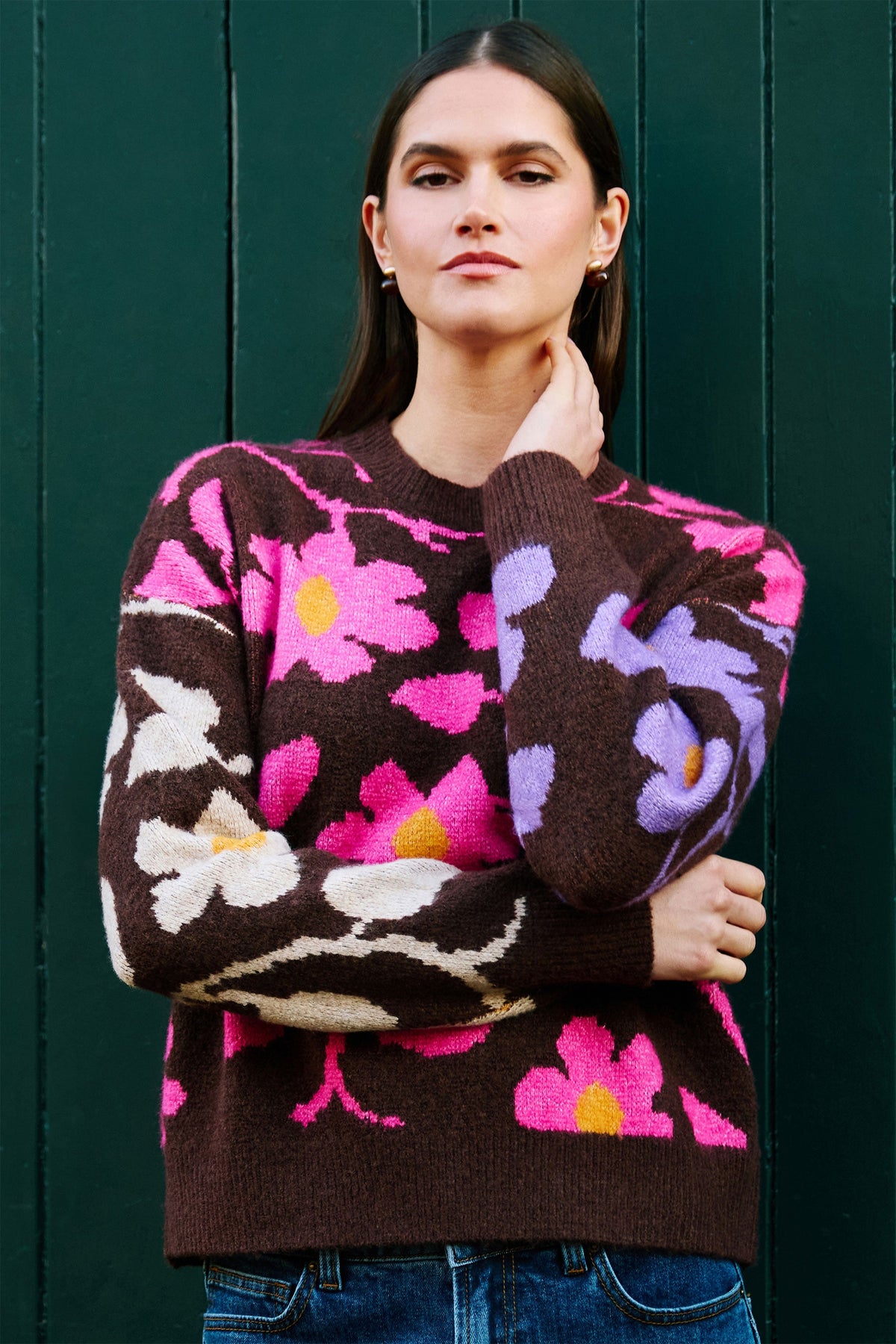 Yumi Women's Multicolour Floral Intarsia Relaxed Fit Jumper, Crew Neck