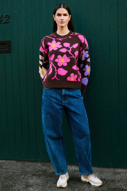 Yumi Women's Multicolour Floral Intarsia Relaxed Fit Jumper, Crew Neck