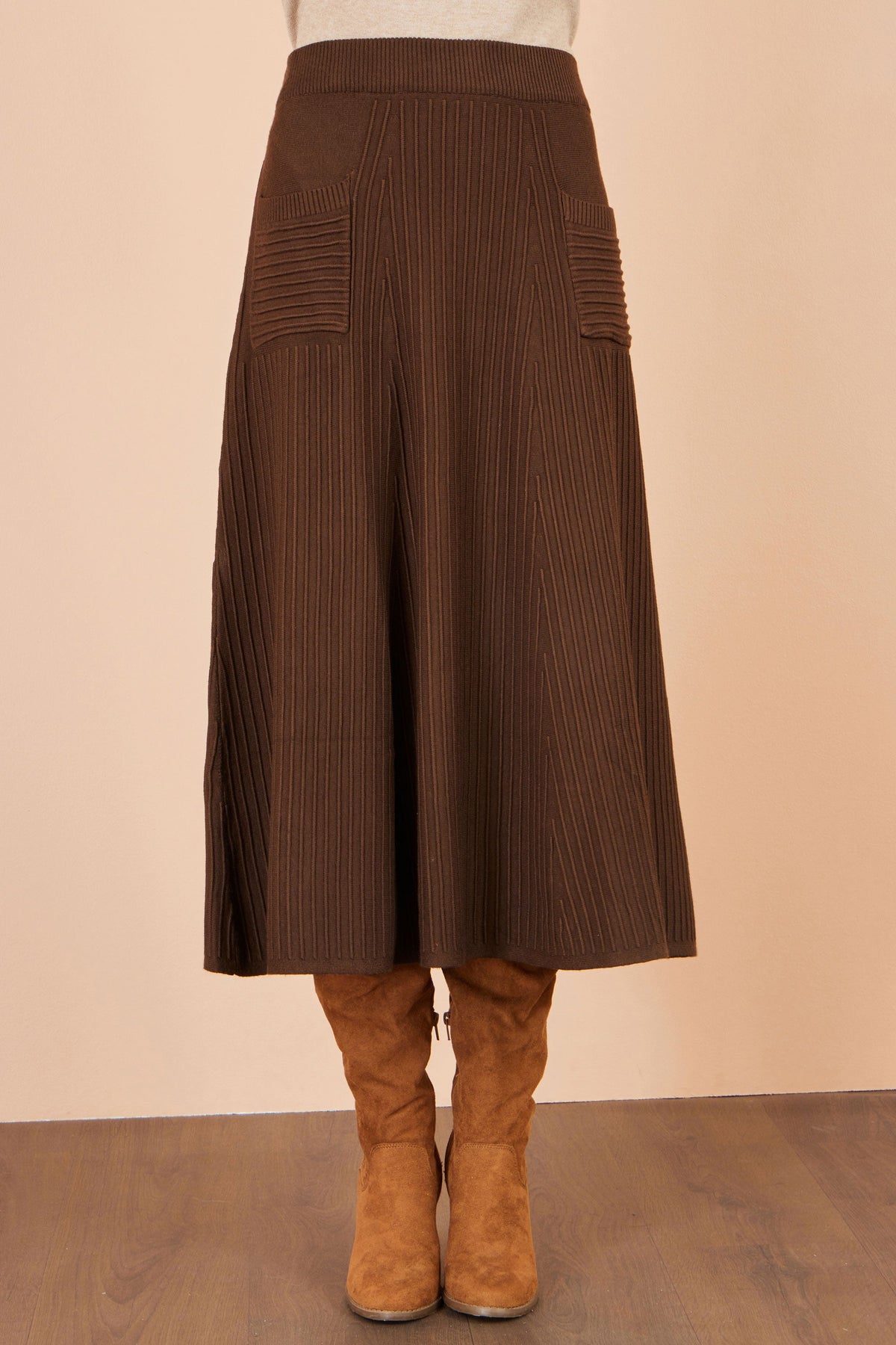 Yumi Women’s Brown Ribbed Knit A-Line Midi Skirt with Elasticated Waistband