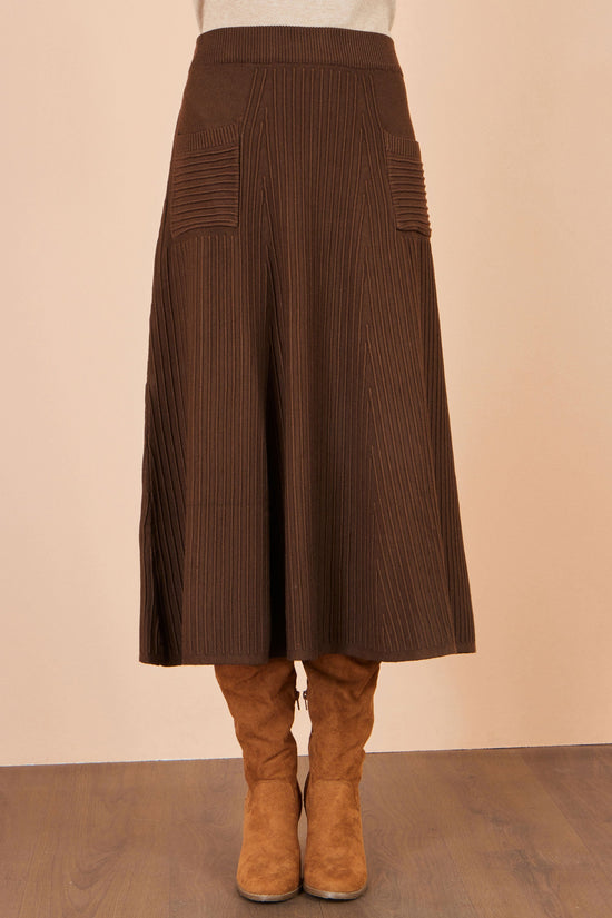 Yumi Women’s Brown Ribbed Knit A-Line Midi Skirt with Elasticated Waistband