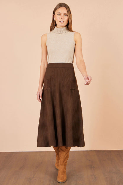 Yumi Women’s Brown Ribbed Knit A-Line Midi Skirt with Elasticated Waistband