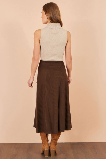 Yumi Women’s Brown Ribbed Knit A-Line Midi Skirt with Elasticated Waistband