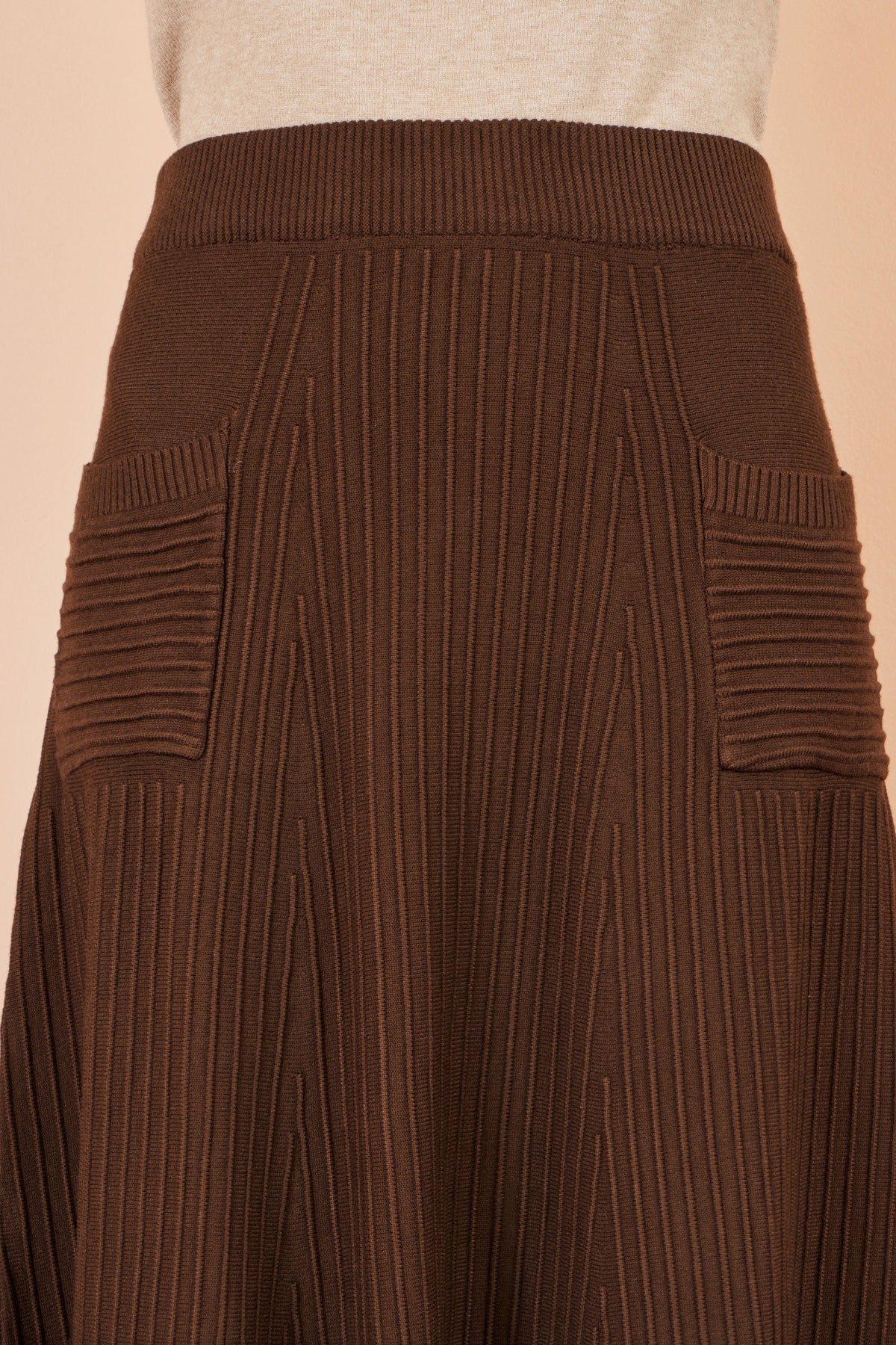Yumi Women’s Brown Ribbed Knit A-Line Midi Skirt with Elasticated Waistband