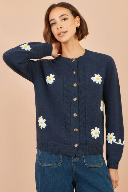Yumi Women's Navy Daisy Appliqué Cardigan with Cable Knit and Button Front