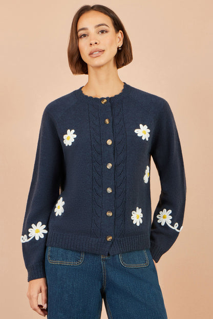 Yumi Women's Navy Daisy Appliqué Cardigan with Cable Knit and Button Front