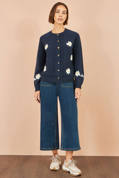 Yumi Women's Navy Daisy Appliqué Cardigan with Cable Knit and Button Front