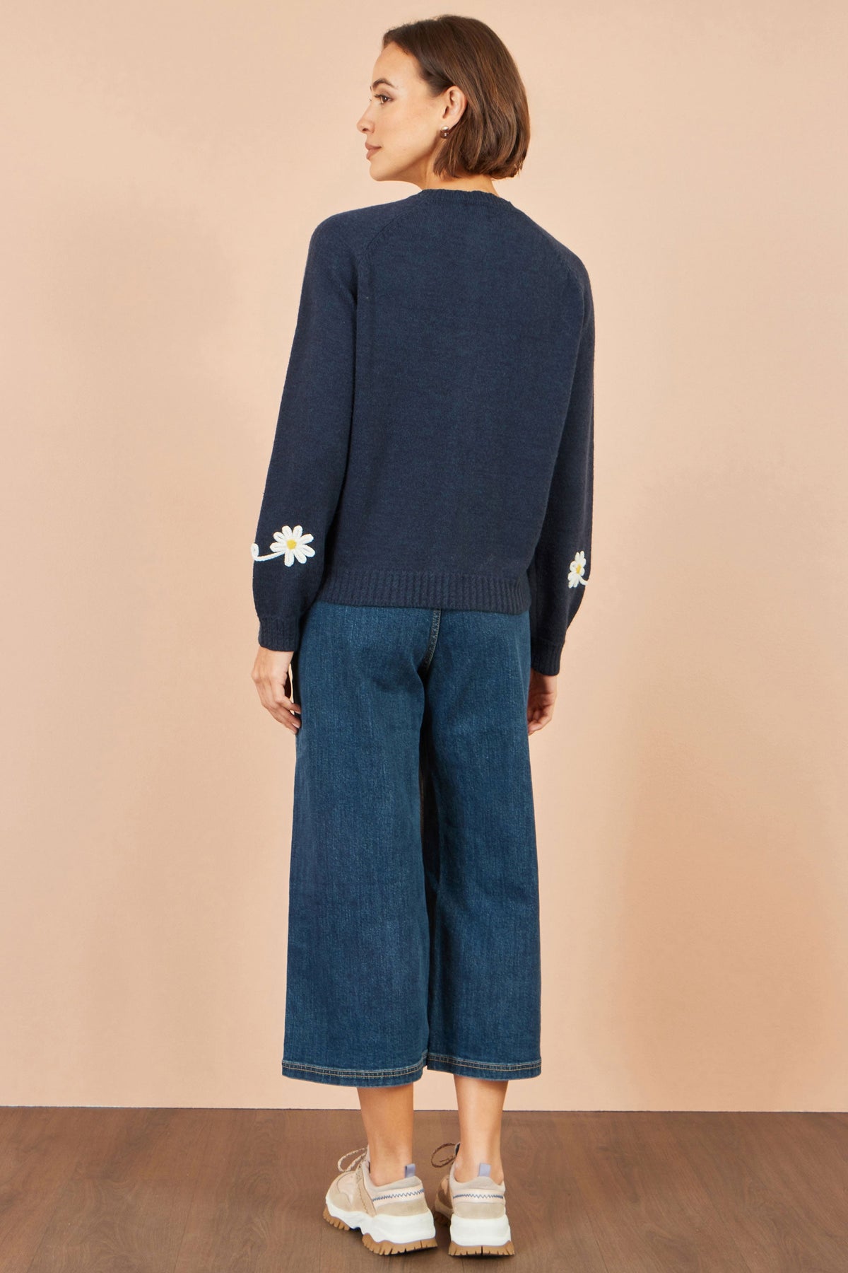 Yumi Women's Navy Daisy Appliqué Cardigan with Cable Knit and Button Front