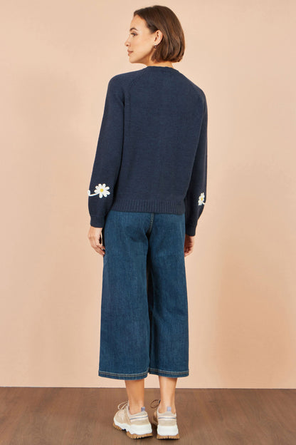 Yumi Women's Navy Daisy Appliqué Cardigan with Cable Knit and Button Front