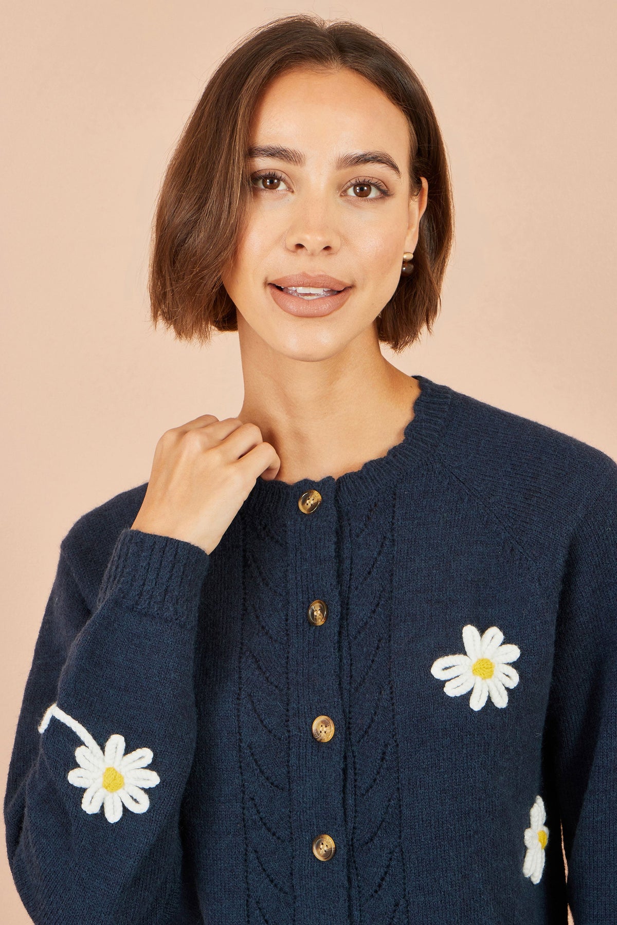 Yumi Women's Navy Daisy Appliqué Cardigan with Cable Knit and Button Front