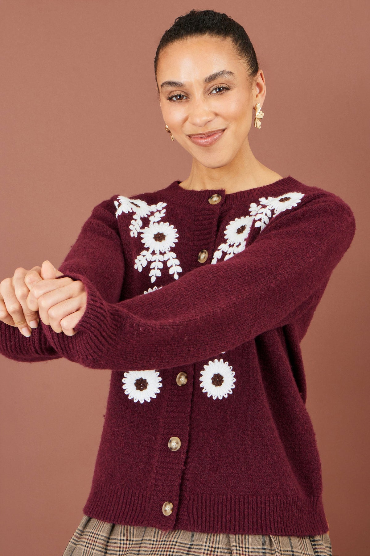 Yumi Women’s Burgundy Floral Embroidered Fluffy Knit Cardigan