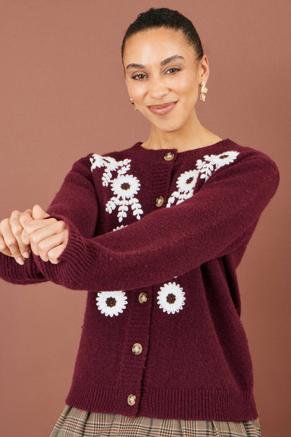 Yumi Women’s Burgundy Floral Embroidered Fluffy Knit Cardigan